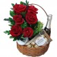 AC07-Cesta com 6 Rosas Vermelhas + Chocolate 8un + Espumante Chandon Baby