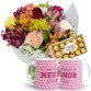 MB12-Mini Buquê 6 Rosas e Astromélias Coloridas+Chocolate 12un+1Caneca Rosa "Como é grande o meu amor"