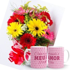 MB24-Mini Buquê com 6 Gerberas Coloridas+1Caneca 330ml "Como é grande o meu amor"