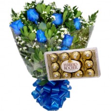MB05-Mini Buquê 6 Rosas Azuis+ Chocolate 12un