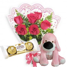 MB54-Mini Buquê com 6 Rosas Vermelhas+Cachorro Rosa "Te Amo"+Chocolate 3un