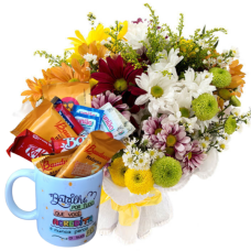 MB114-Mini Buquê com Flores Campestres+Café na Caneca