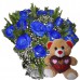 BP39-Buquê com 12 Rosas Azuis+Urso Coração Amor 15cm
