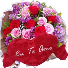 BP22-Buquê 12 Rosas Vermelhas e Rosa e Margaridas+Coração Grande "Eu Te Amo" 62x34
