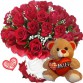 BP47-Buquê com 36 Rosas Vermelhas+Urso coração Amor 15cm