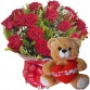 BP42-Buquê com 12 Rosas Vermelhas +Urso 30cm Coração "Eu Te Amo