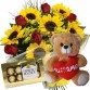 BPC12-Buquê 8 Rosas Vermelhas e 8 Girassóis+Urso 30cm "Eu te Amo"+Chocolate 8un