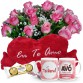 BPCC11-Buquê com 12 Rosas cor Rosa+1Caneca "Vó é mãe com Açucar.."+Chocolate 3un+Coração Grande "Eu te Amo" 48x52