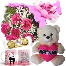 MB49-Mini buquê com 6 Rosas Pink+Urso 30cm "Eu te Amo"+1Caneca "Você Foi a melhor coisa..."+Chocolate 3un