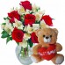 AV27-Arranjo no Vaso P com 6 Rosas Vermelhas e Astromélias Brancas+Urso 30cm "Eu te Amo"