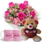 MB46-Mini buquê com 6 Rosas Pink e Astromélias Rosa+1Caneca "Como é grande o meu amor..."+Urso Coração Amor 15cm