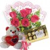 MB17-Mini buquê 6 Rosas Vermelhas+Chocolate 8un+Urso Coração Amor 15cm