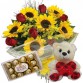 BPC17-Buquê com 8 Rosas e 8 Girassóis+Chocolate 12un+Urso Coração Amor 15cm