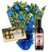 MB04-Mini Buquê 6 Rosas Azuis + Vinho Suave 245ml+Chocolate 8un