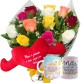 BPCN23-Buque 12 Rosas Coloridas+Coração Pelúcia "Como é grande o meu amor..." 65x30+1Caneca "Mãe Rainha"