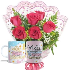 MB109-Mini buque 6 Rosas Vermelhas+1Caneca "Mãe Rainha"