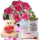 MB108-Mini buquê 6 Rosas Pink+Urso 30cm Coração "Eu te Amo"+1Caneca "Feliz dia das Mães"+Chocolate Rafaello 3un