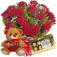 BPC03-Buquê 12 Rosas Vermelhas +Urso Coração Amor 15cm+Chocolate 8un