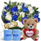 BPCC16-Buquê com 12 Rosas Azuis e Brancas+Chocolate 3un+Urso coração Amor 15cm+1Caneca Azul "Como é Grande o meu..."