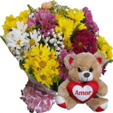 BP51-Buque com Flores Campestre+Urso Coração Amor 15cm