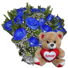 BP67-Buquê 12 Rosas Azuis + Urso Coração Amor 15cm