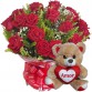 BP68-Buquê 12 Rosas Vermelhas+Urso Coração Amor 15cm