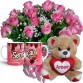 BP70-Buquê 12 Rosas Cor Rosa+Urso 15cm Coração "Amor"+1Caneca Sensação