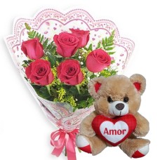 MB66-Mini Buquê com 6 Rosas Vermelhas+Urso Coração Amor 20cm