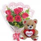 MB66-Mini Buquê com 6 Rosas Vermelhas+Urso Coração Amor 15cm
