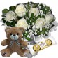 MB08-Mini Buquê 6 Rosas Brancas+Urso com Laço 25cm+Chocolate 3un