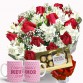 BCC04-Buquê 12 Rosas Vermelhas e Astromélias Brancas+Chocolate 8un+1Caneca (Rosa) Como é Grande..."
