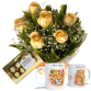 MB104-Mini buquê com 6 Rosas chá+Caneca Mãe+Chocolate 8un