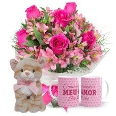 MB79-Mini Buquê com rosas Pink e Astromélias Rosa+1Caneca "como e grande..."+Gatinha 25cm