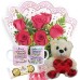 MB81-Mini buquê 6 Rosas Vermelhas+1Caneca Mulher+Chocolate 3un+Urso Coração Amor 15cm