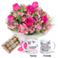 MB103-Mini buque 6 Rosas Pink e Astromélias Rosa+1Caneca Mãe+Chocolate 6un