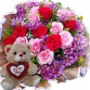 BP62--Buquê com 12 Rosas Vermelhas, Cor Rosa e Margaridas Lilas + Urso 30cm "Eu Te Amo"