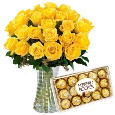 AV88-ARRANJO NO VASO G COM 24 ROSAS AMARELAS + CHOCOLATE 12 UN