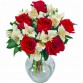 AV77-Arranjo no vaso P com 6 Rosas Vermelhas e Astromélias Brancas
